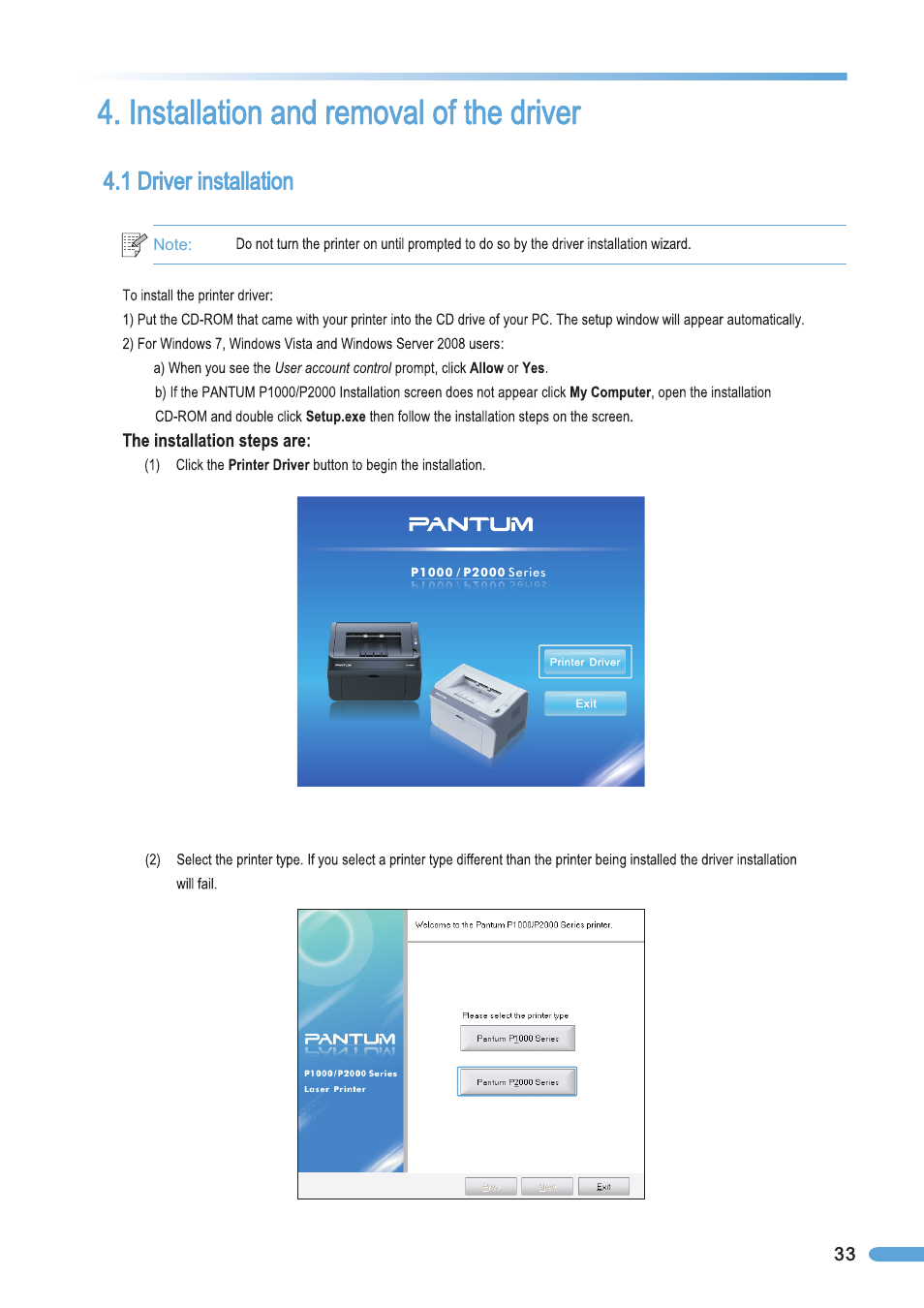 Installation and removal of the driver, 1 driver installation, Driver installation | Pantum P2050 User Manual | Page 40 / 61