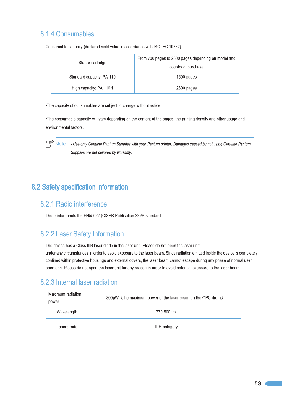 4 consumables, 2 safety specification information, 1 radio interference | 2 laser safety information, 3 internal laser radiation, Consumables, Safety specification information, Radio interference, Laser safety information, Internal laser radiation | Pantum P2050 User Manual | Page 60 / 61