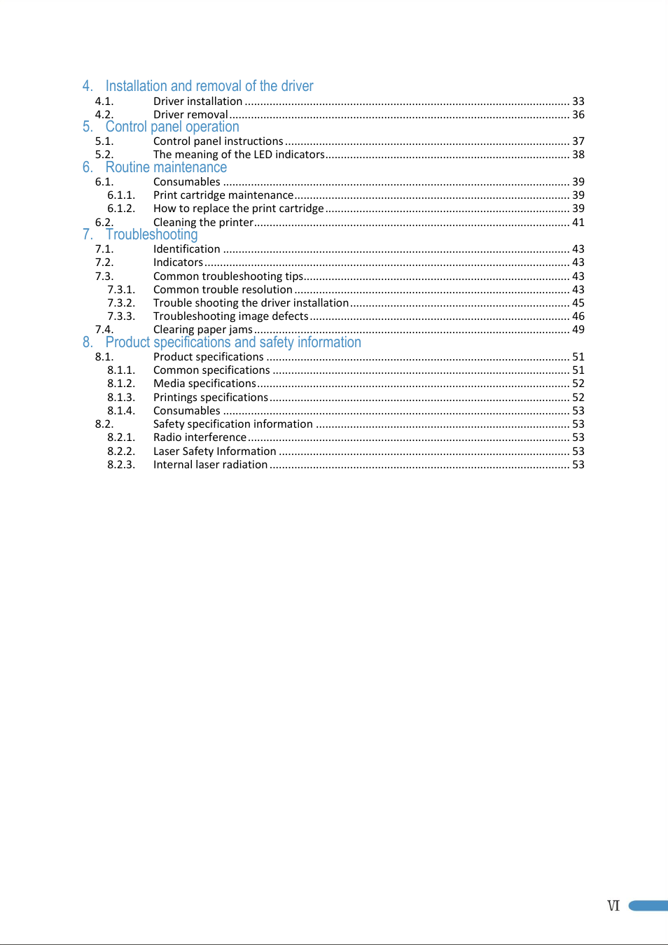 Installation and removal of the driver, Control panel operation, Routine maintenance | Troubleshooting, Product specifications and safety information | Pantum P2050 User Manual | Page 7 / 61