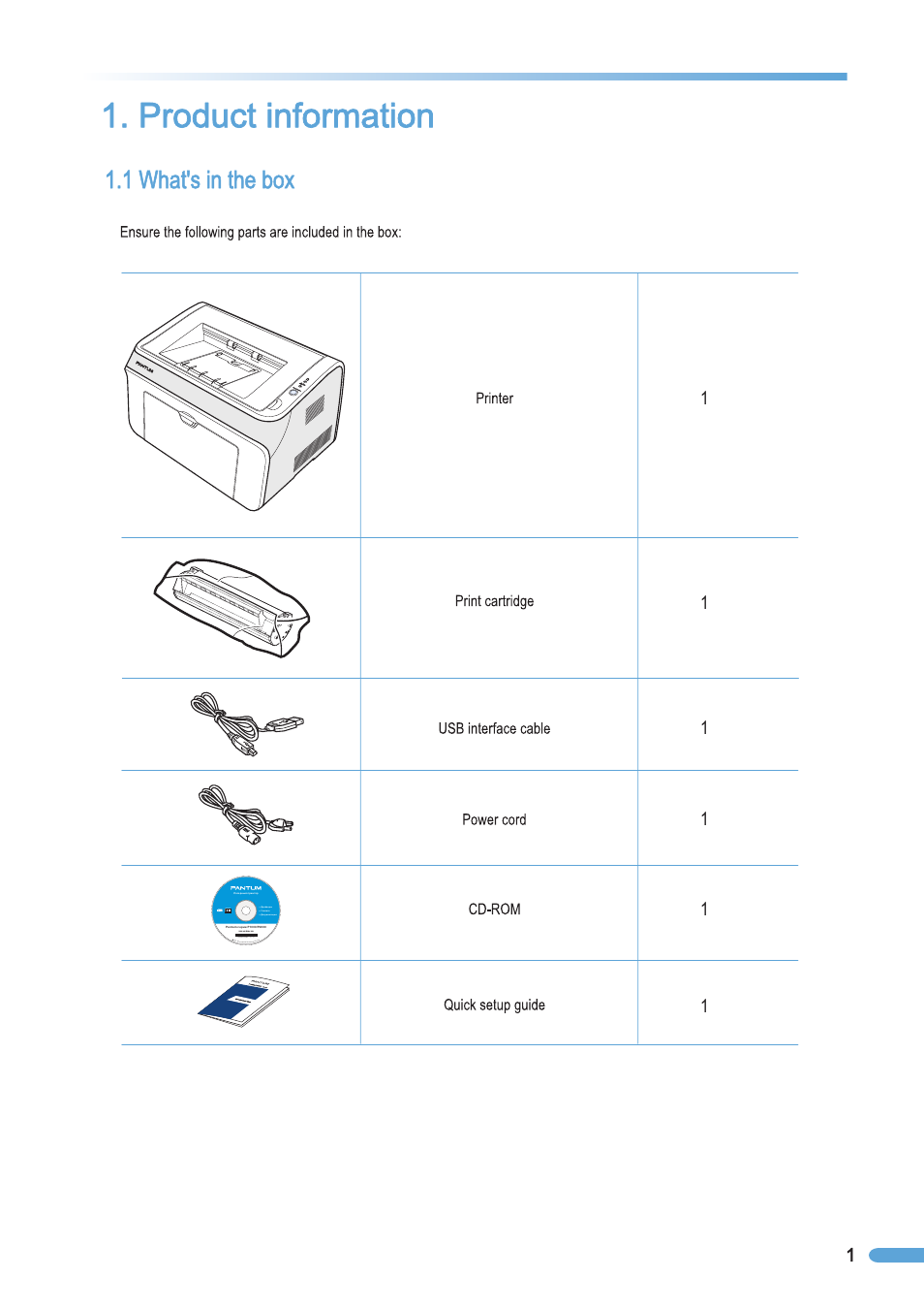 Product information, 1 what's in the box, What’s in the box | Pantum P2050 User Manual | Page 8 / 61