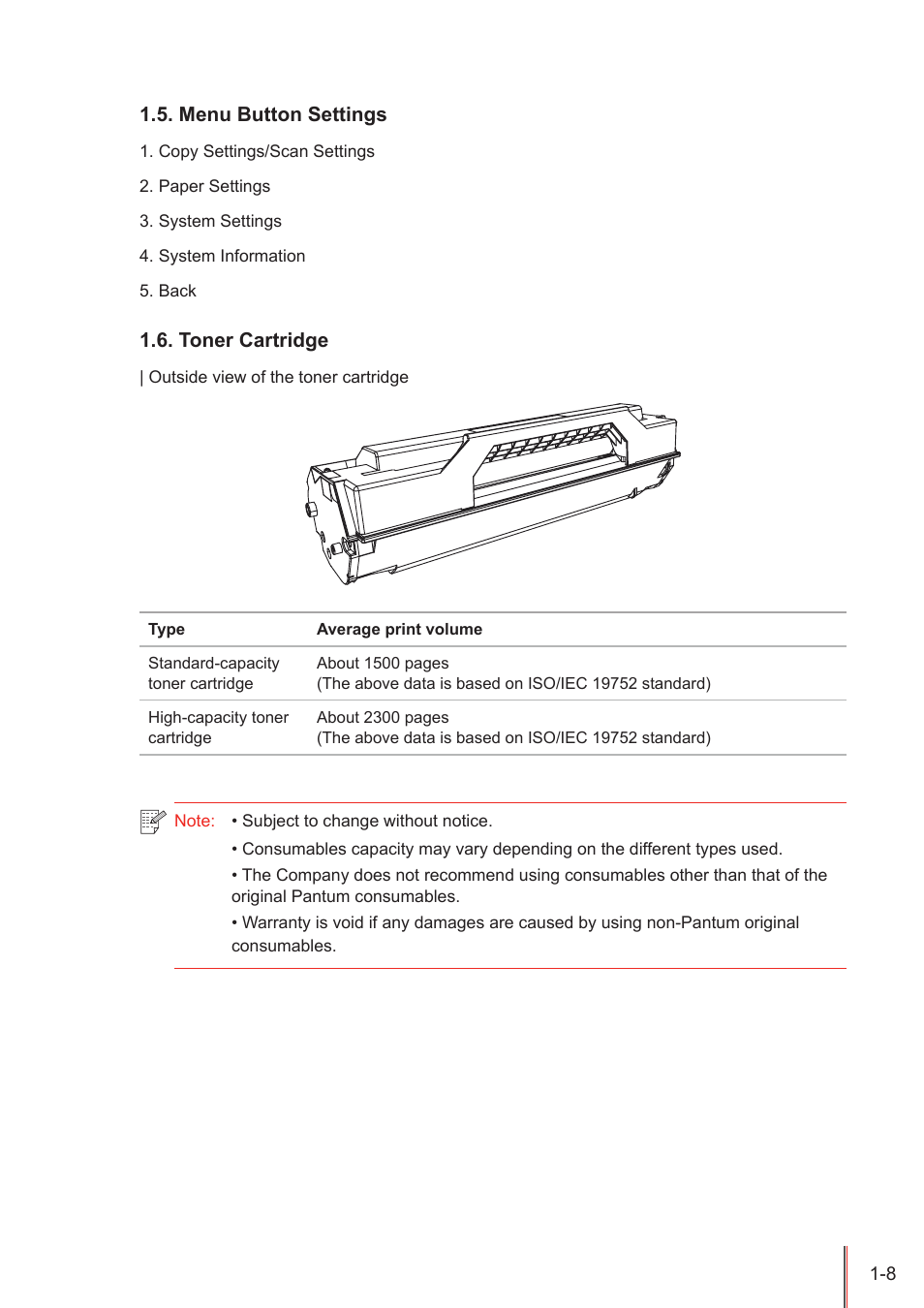 Menu button settings, Toner cartridge, Menu button settings -8 | Toner cartridge -8 | Pantum M5005 User Manual | Page 15 / 92