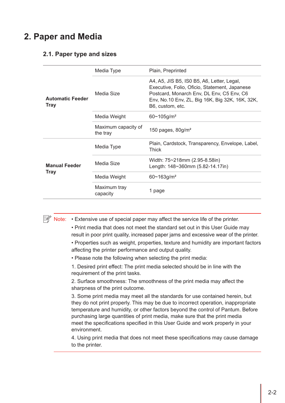 Paper and media, Paper type and sizes, Paper and media -2 | Paper type and sizes -2, Select paper | Pantum M5005 User Manual | Page 17 / 92
