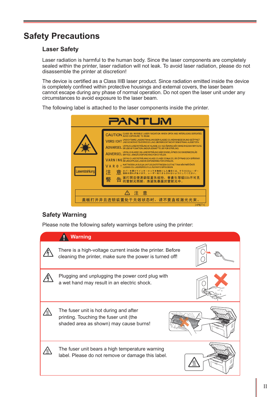 Safety precautions | Pantum M5005 User Manual | Page 3 / 92