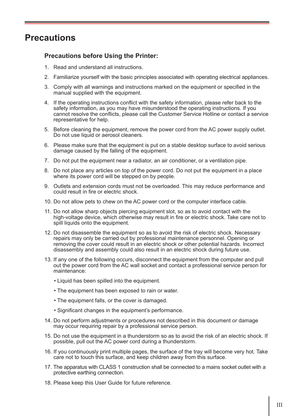 Precautions | Pantum M5005 User Manual | Page 4 / 92