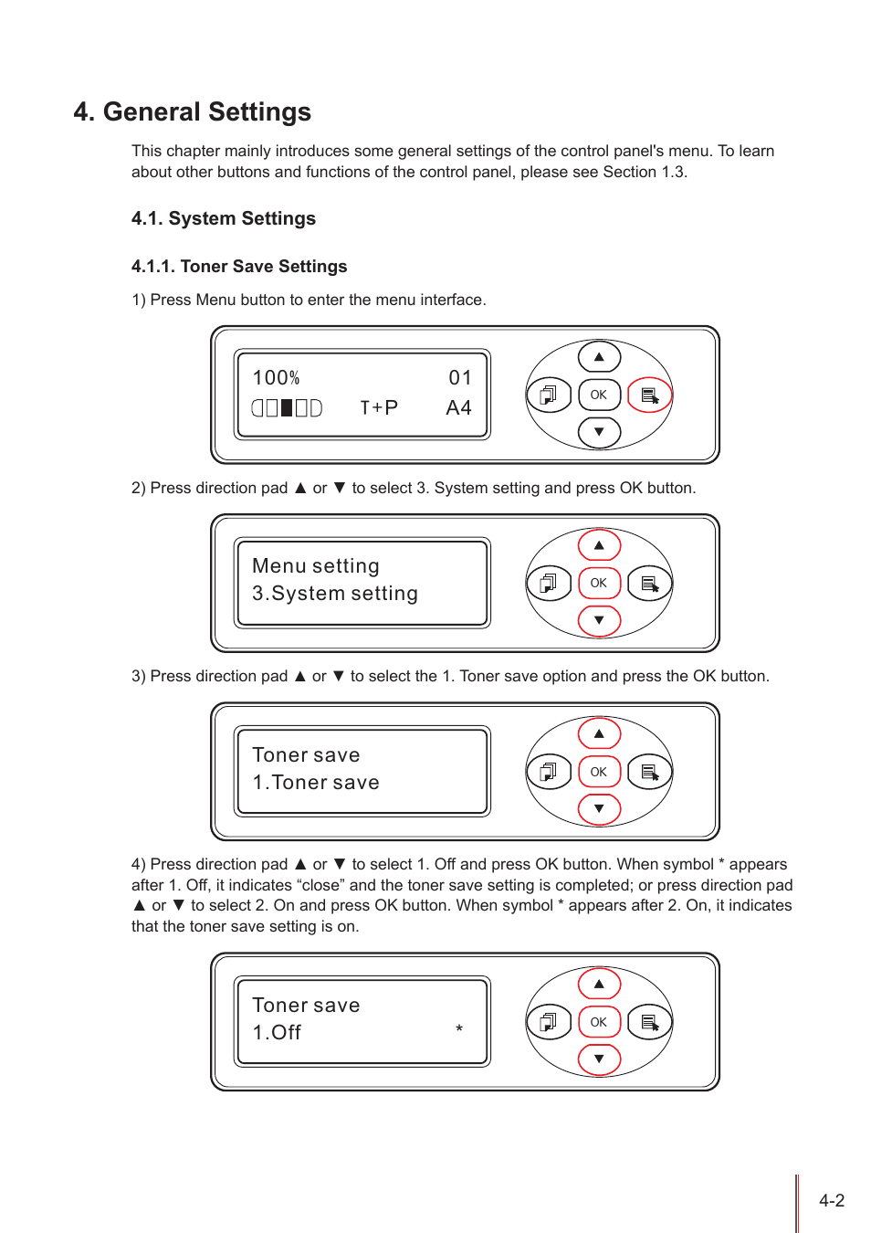 General settings, System settings, Toner save settings | General settings -2, System settings -2, Toner save settings -2 | Pantum M5005 User Manual | Page 46 / 92