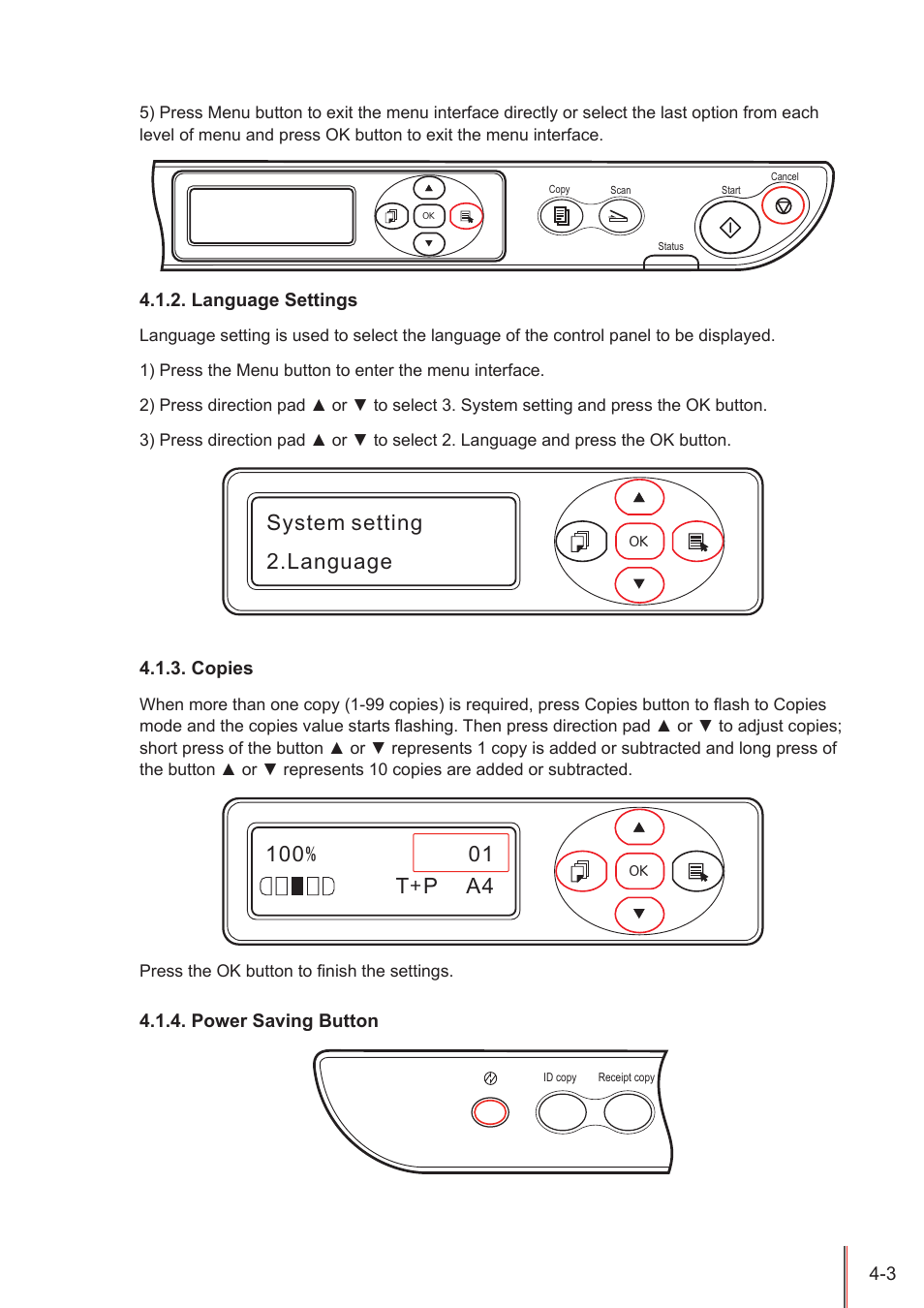 Language settings, Copies, Power saving button | Language settings -3, Copies -3, Power saving button -3, System setting 2.language | Pantum M5005 User Manual | Page 47 / 92