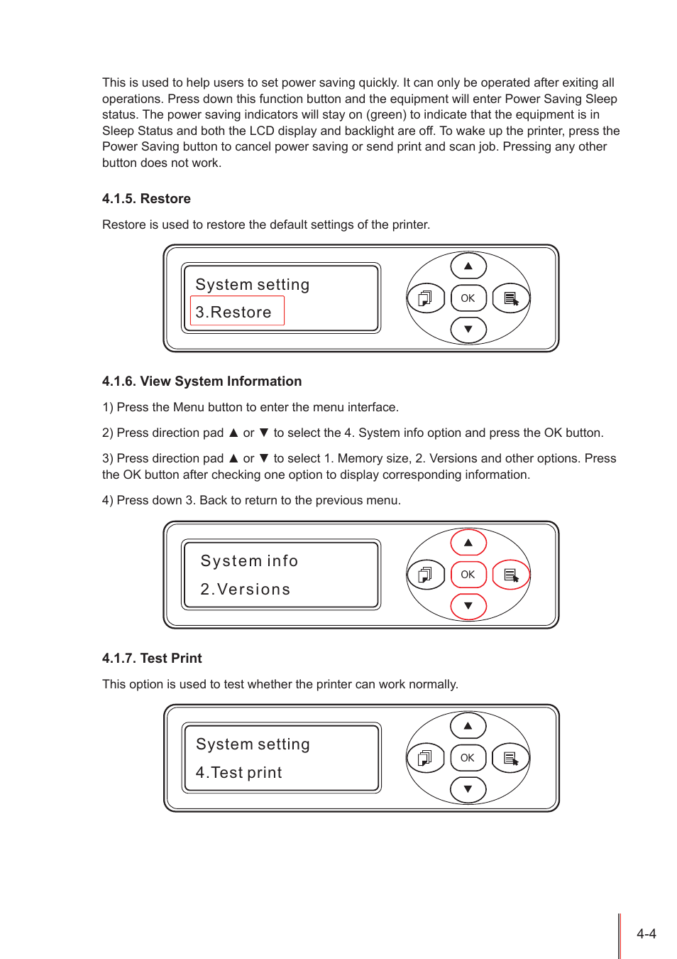 Restore, View system information, Test print | Restore -4, View system information -4, Test print -4, System setting 3.restore, System setting 4.test print | Pantum M5005 User Manual | Page 48 / 92