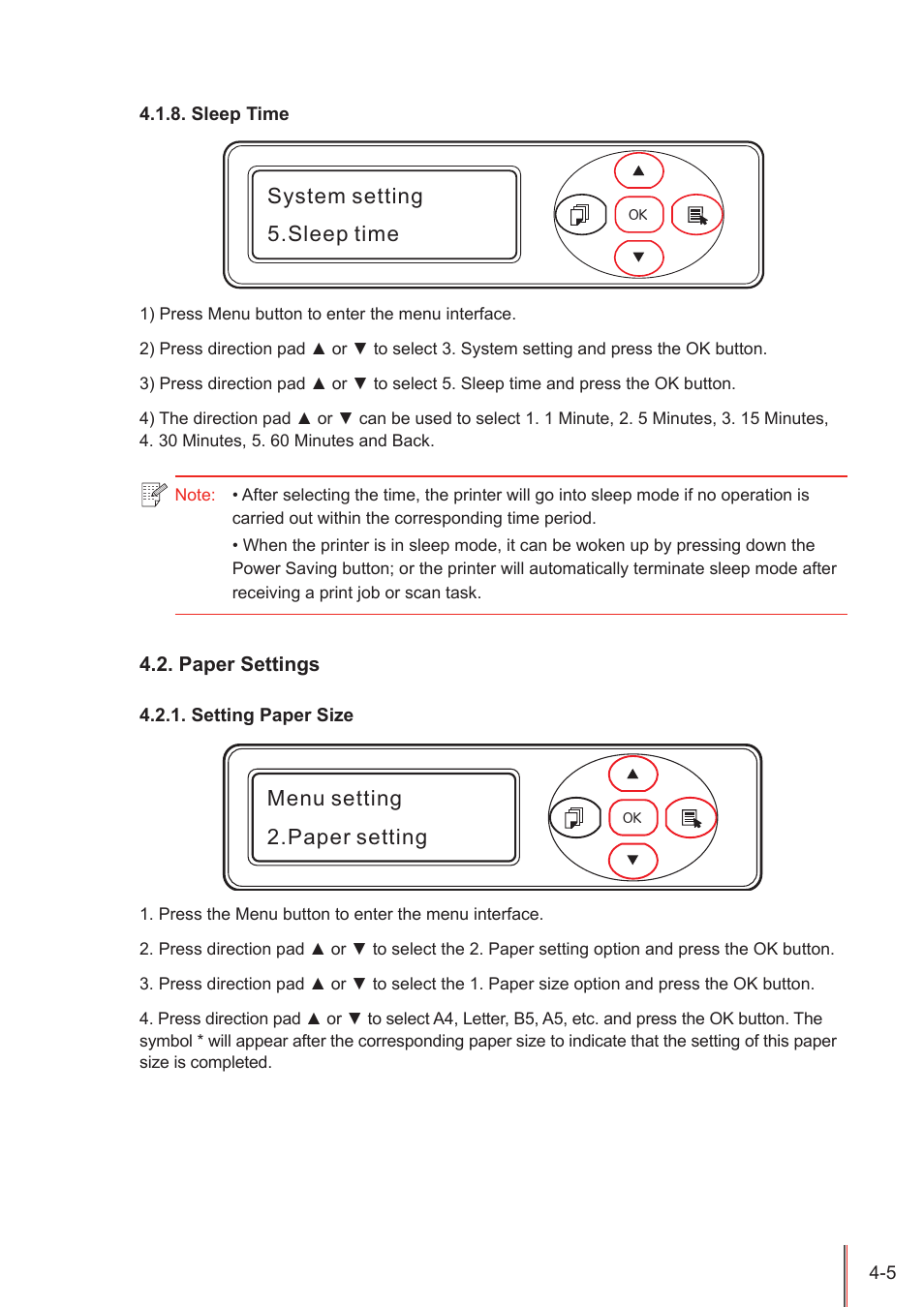 Sleep time, Paper settings, Setting paper size | Sleep time -5, Paper settings -5, Setting paper size -5, System setting 5.sleep time, Menu setting 2.paper setting | Pantum M5005 User Manual | Page 49 / 92