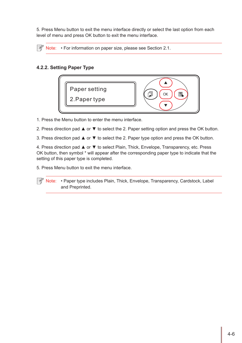 Setting paper type, Setting paper type -6, Paper setting 2.paper type | Pantum M5005 User Manual | Page 50 / 92