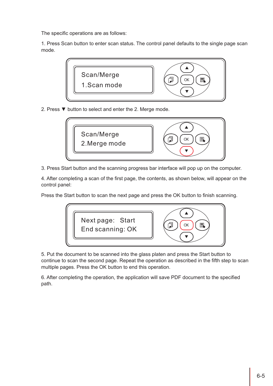 Scan/merge 1.scan mode, Scan/merge 2.merge mode, Next page: start end scanning: ok | Pantum M5005 User Manual | Page 63 / 92