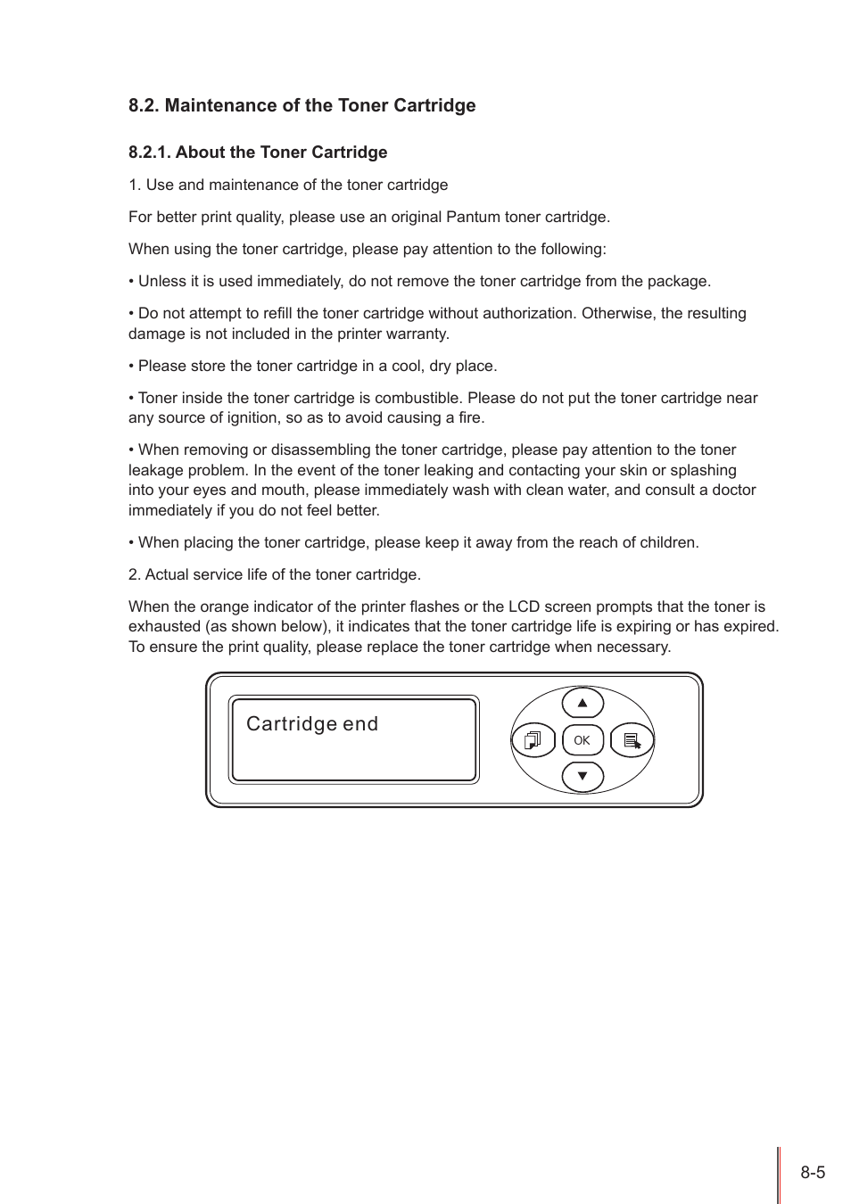 Maintenance of the toner cartridge, About the toner cartridge, Maintenance of the toner cartridge -5 | About the toner cartridge -5, Cartridge end | Pantum M5005 User Manual | Page 75 / 92