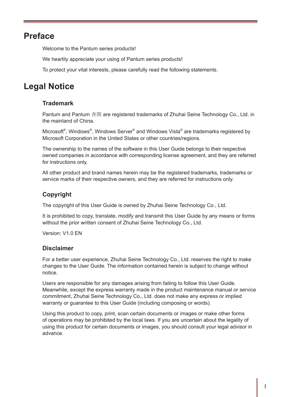 Preface, Legal notice | Pantum P2500W User Manual | Page 2 / 78