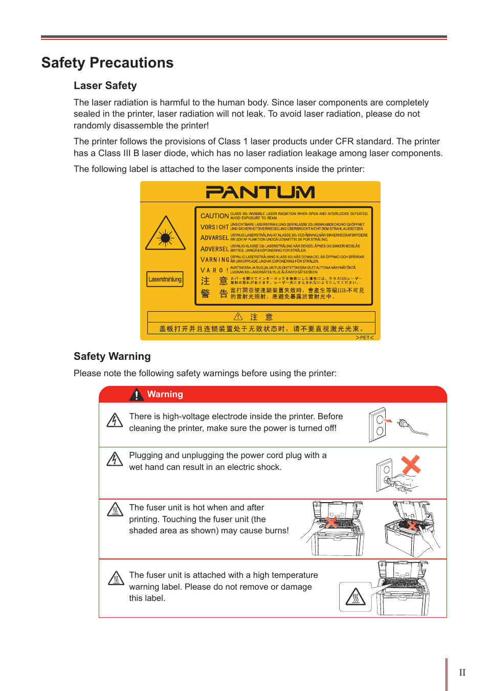 Safety precautions | Pantum P2500W User Manual | Page 3 / 78