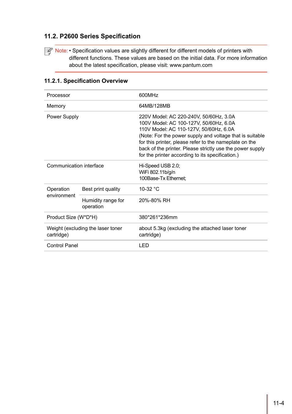 P2900 series specification, Specification overview, P2600 series speciﬁcation -4 | Speciﬁcation overview -4, P2600 series specification | Pantum P2500W User Manual | Page 76 / 78