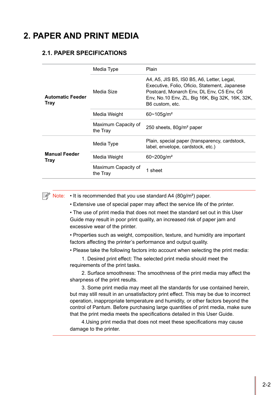 Paper and print media, Paper specifications, Paper and print media -2 | Paper specifications -2 | Pantum P3205D User Manual | Page 14 / 69