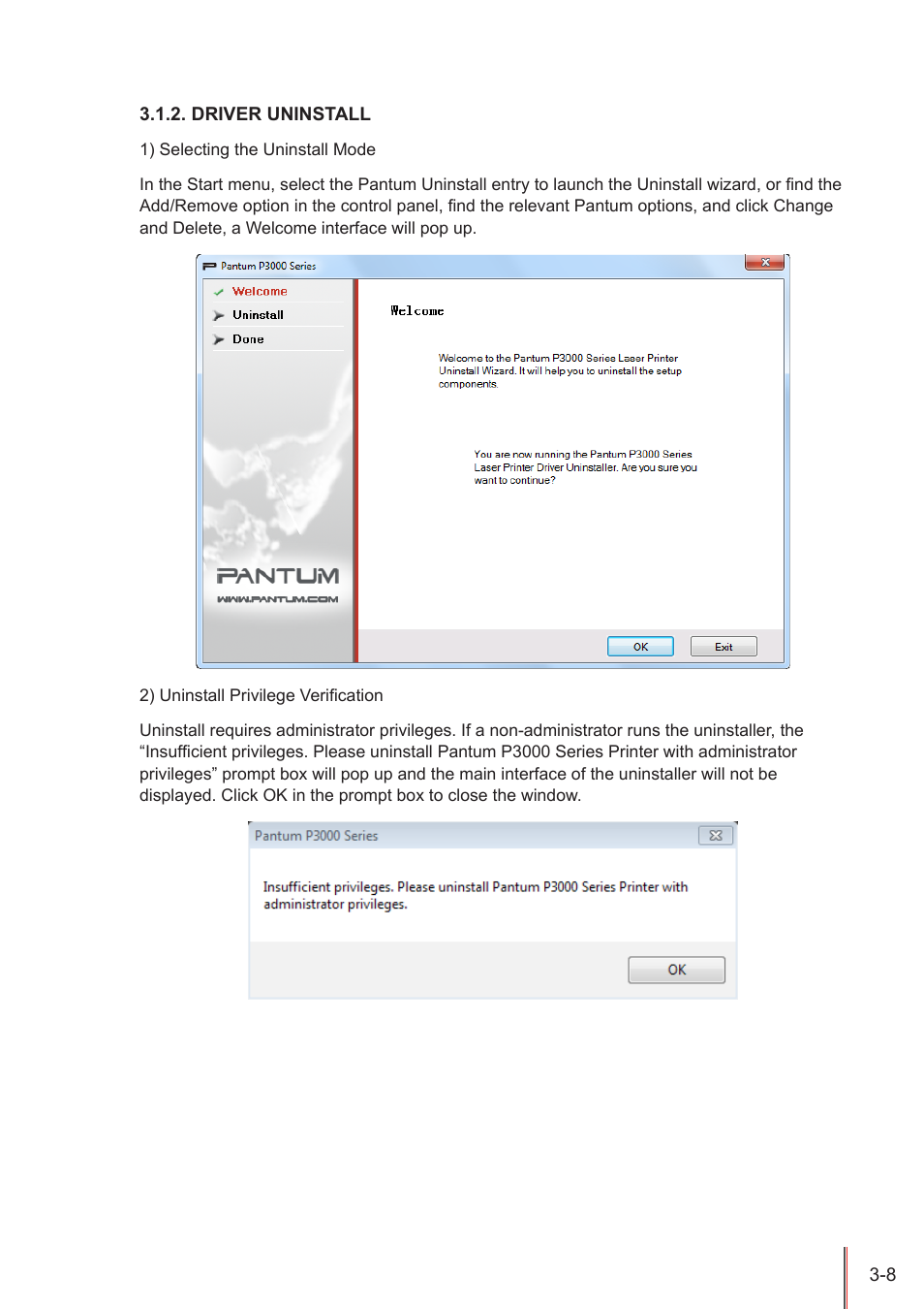 Driver uninstall, Driver uninstall -8 | Pantum P3205D User Manual | Page 27 / 69