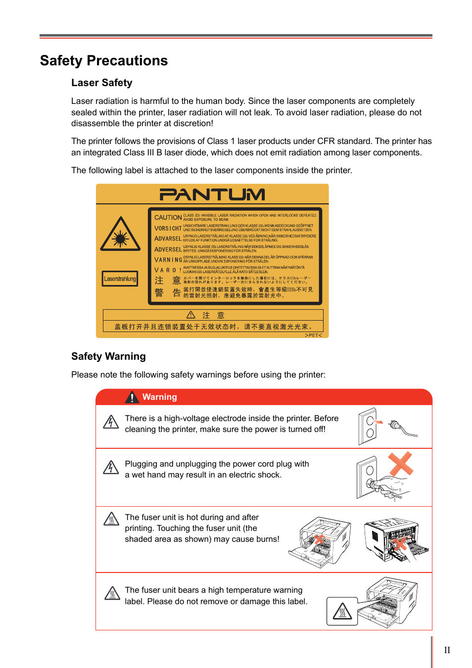 Safety precautions | Pantum P3205D User Manual | Page 3 / 69