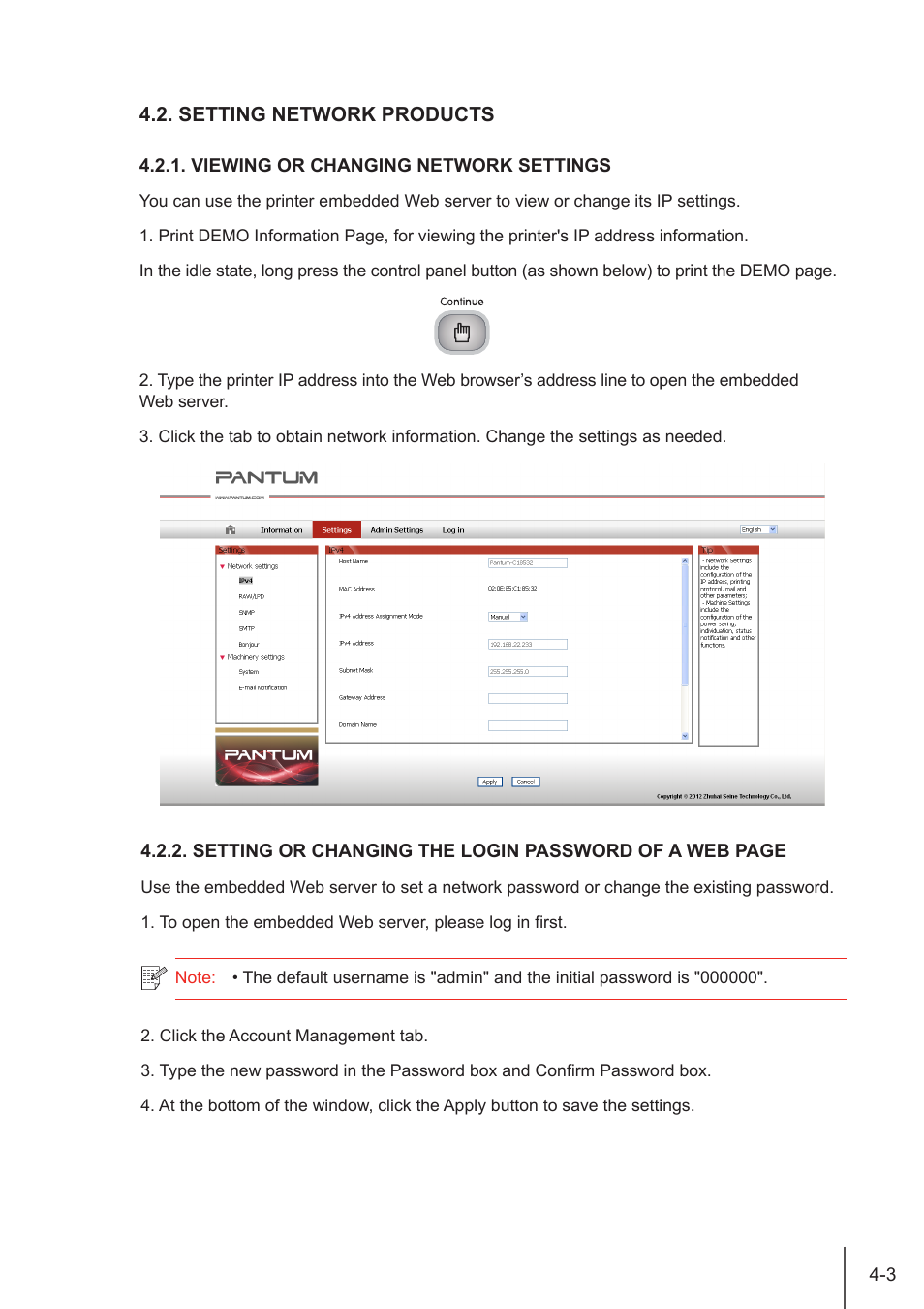 Setting network products, Viewing or changing network settings, Setting network products -3 | Pantum P3205D User Manual | Page 36 / 69