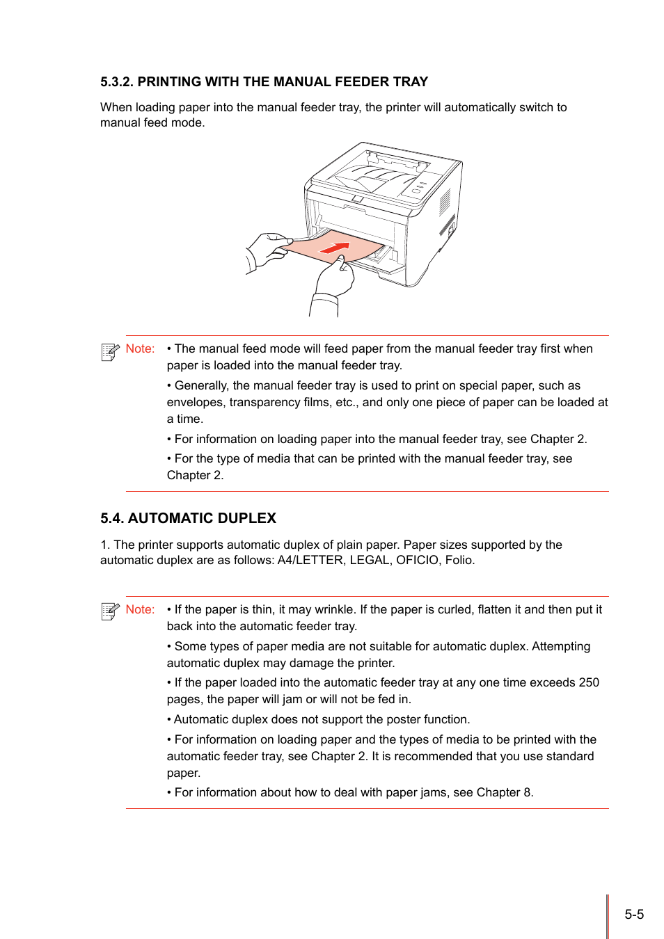 Printing with the manual feeder tray, Automatic duplex, Printing with the manual feeder tray -5 | Automatic duplex -5 | Pantum P3205D User Manual | Page 42 / 69