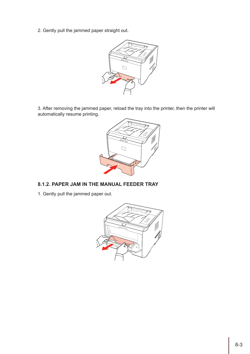 Paper jam in the manual feeder tray, Paper jam in the manual feeder tray -3 | Pantum P3205D User Manual | Page 57 / 69