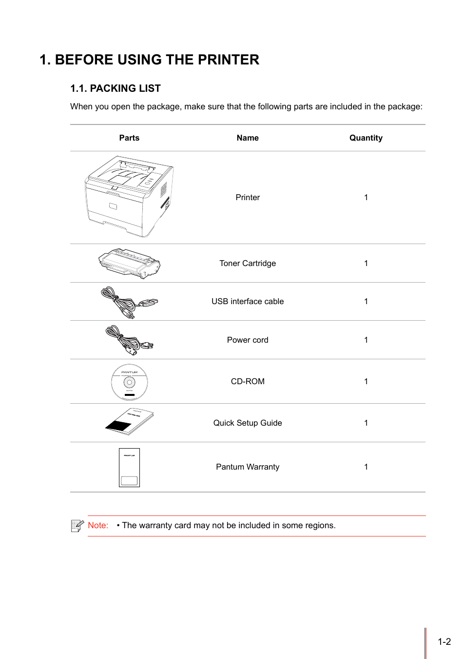Before using the printer, Packing list, Before using the printer -2 | Packing list -2 | Pantum P3205D User Manual | Page 9 / 69