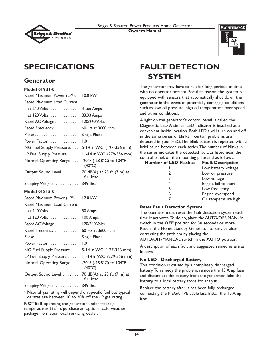 Specifications, Generator, Fault detection system | Briggs & Stratton 10KW User Manual | Page 14 / 52