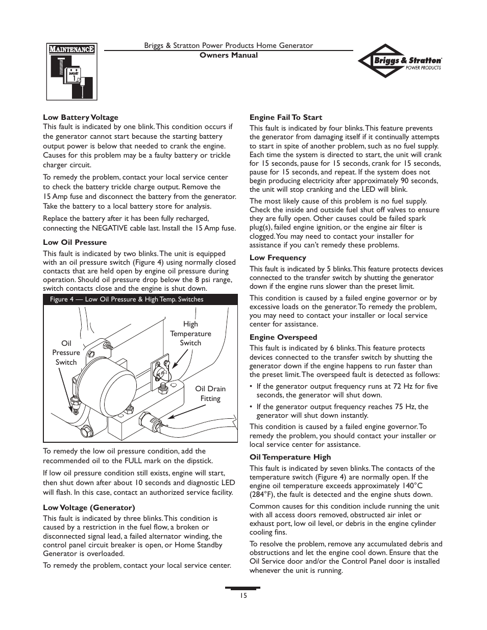 No led - discharged battery, Low battery voltage, Fault detection system | Briggs & Stratton 10KW User Manual | Page 15 / 52