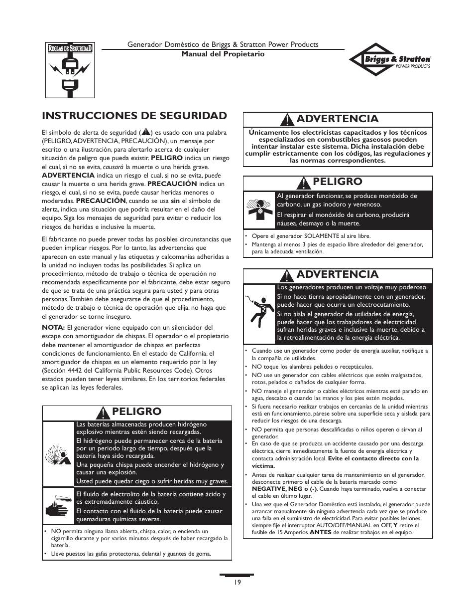 Instrucciones de seguridad, Advertencia, Peligro | Briggs & Stratton 10KW User Manual | Page 19 / 52