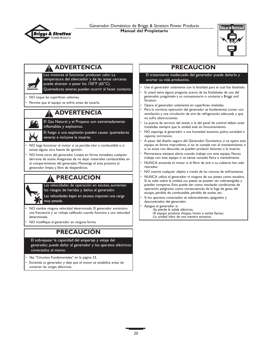 Advertencia, Precaución | Briggs & Stratton 10KW User Manual | Page 20 / 52