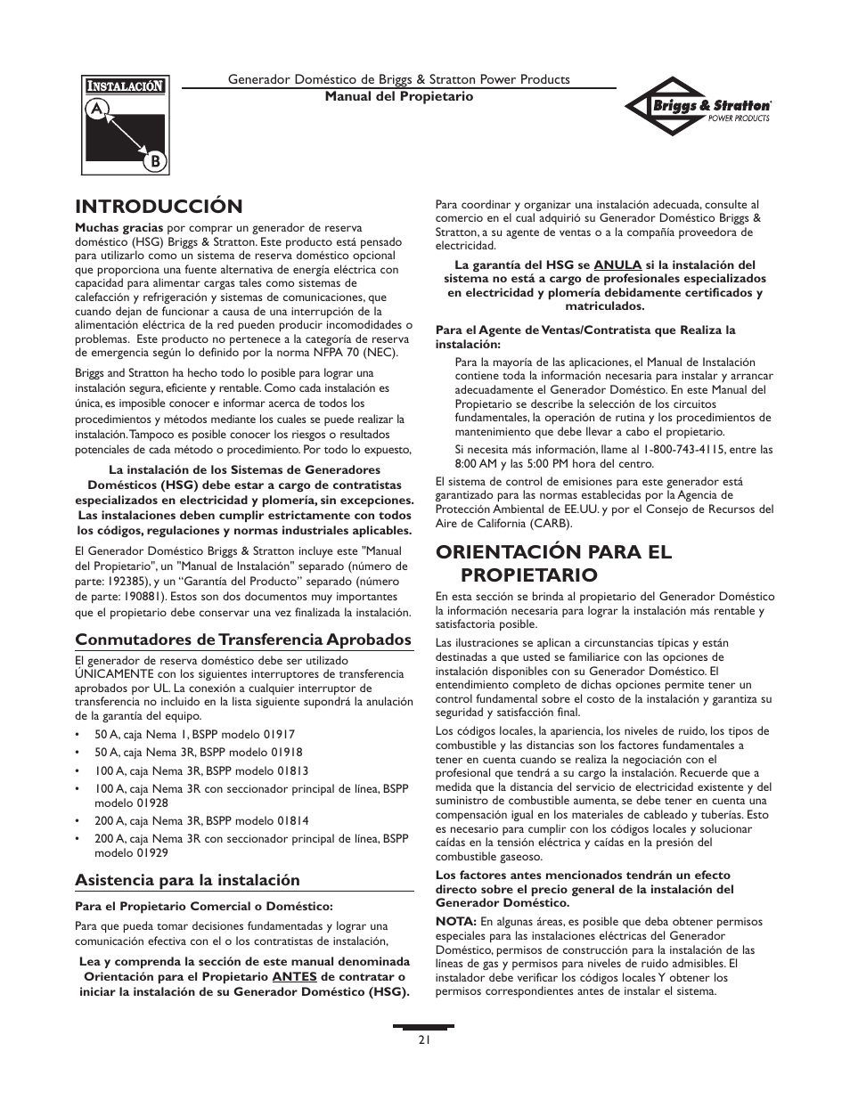 Introducción, Orientación para el propietario | Briggs & Stratton 10KW User Manual | Page 21 / 52