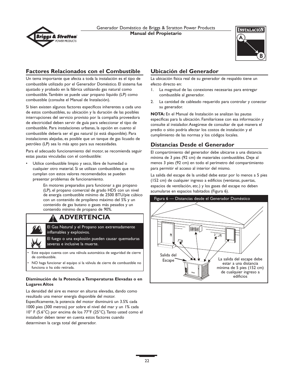 Advertencia, Factores relacionados con el combustible, Ubicación del generador | Distancias desde el generador | Briggs & Stratton 10KW User Manual | Page 22 / 52