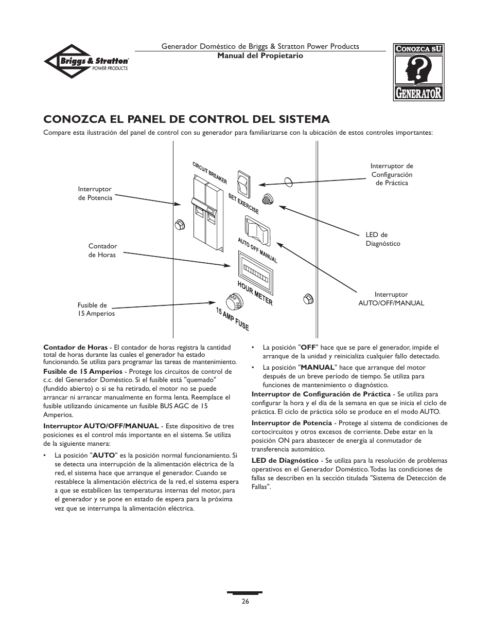 Conozca el panel de control del sistema | Briggs & Stratton 10KW User Manual | Page 26 / 52