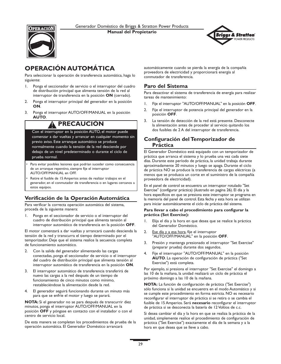 Operación automática, Precaución, Verificación de la operación automática | Paro del sistema, Configuración del temporizador de práctica | Briggs & Stratton 10KW User Manual | Page 29 / 52