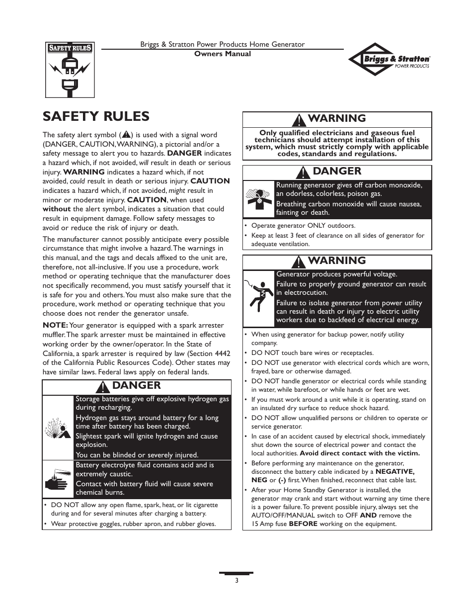 Safety rules, Safety rules -4, Danger | Warning | Briggs & Stratton 10KW User Manual | Page 3 / 52