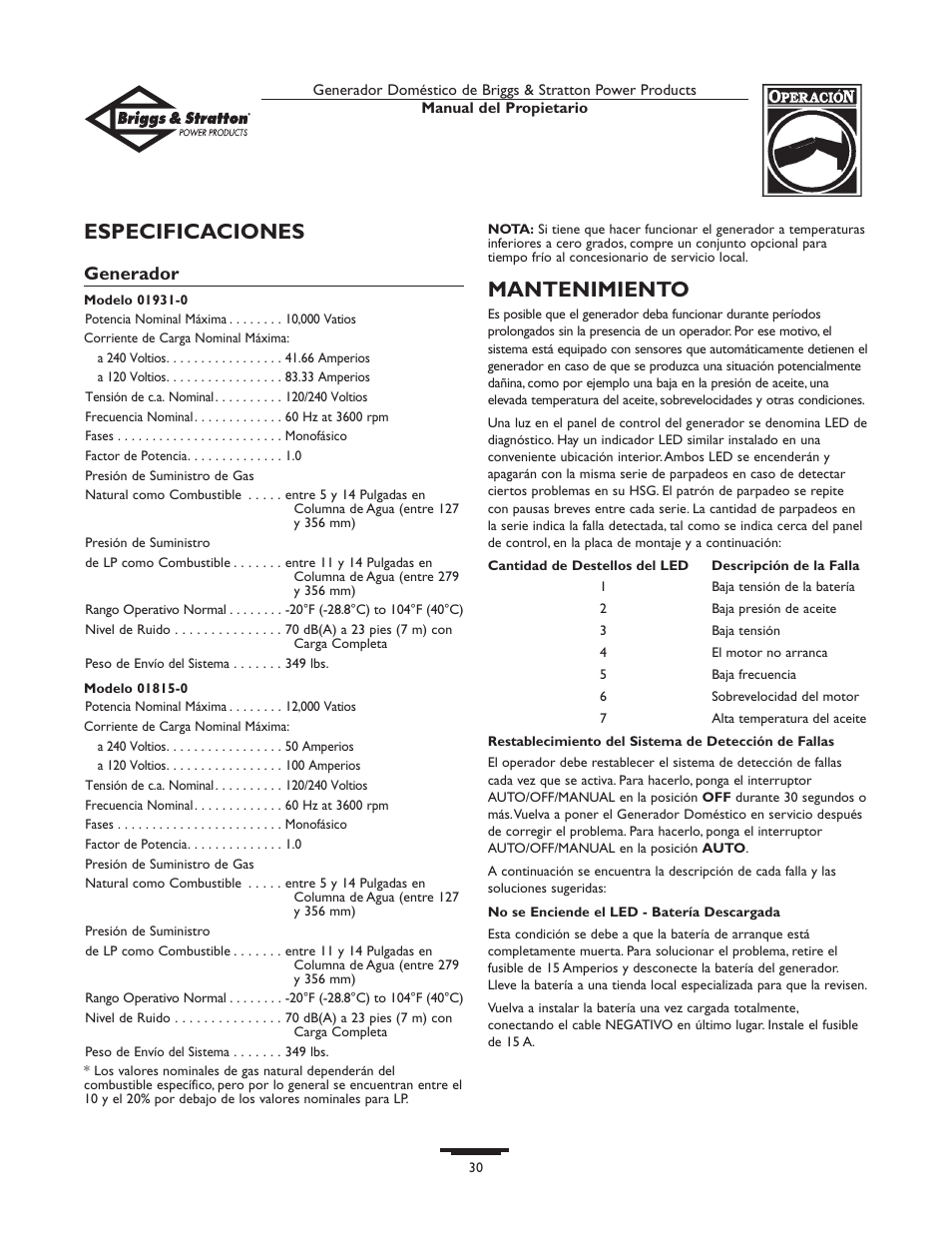 Especificaciones, Mantenimiento, Generador | Briggs & Stratton 10KW User Manual | Page 30 / 52