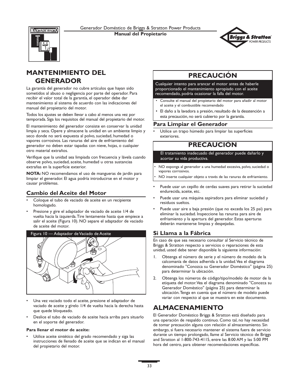 Mantenimiento del generador, Almacenamiento, Precaución | Briggs & Stratton 10KW User Manual | Page 33 / 52