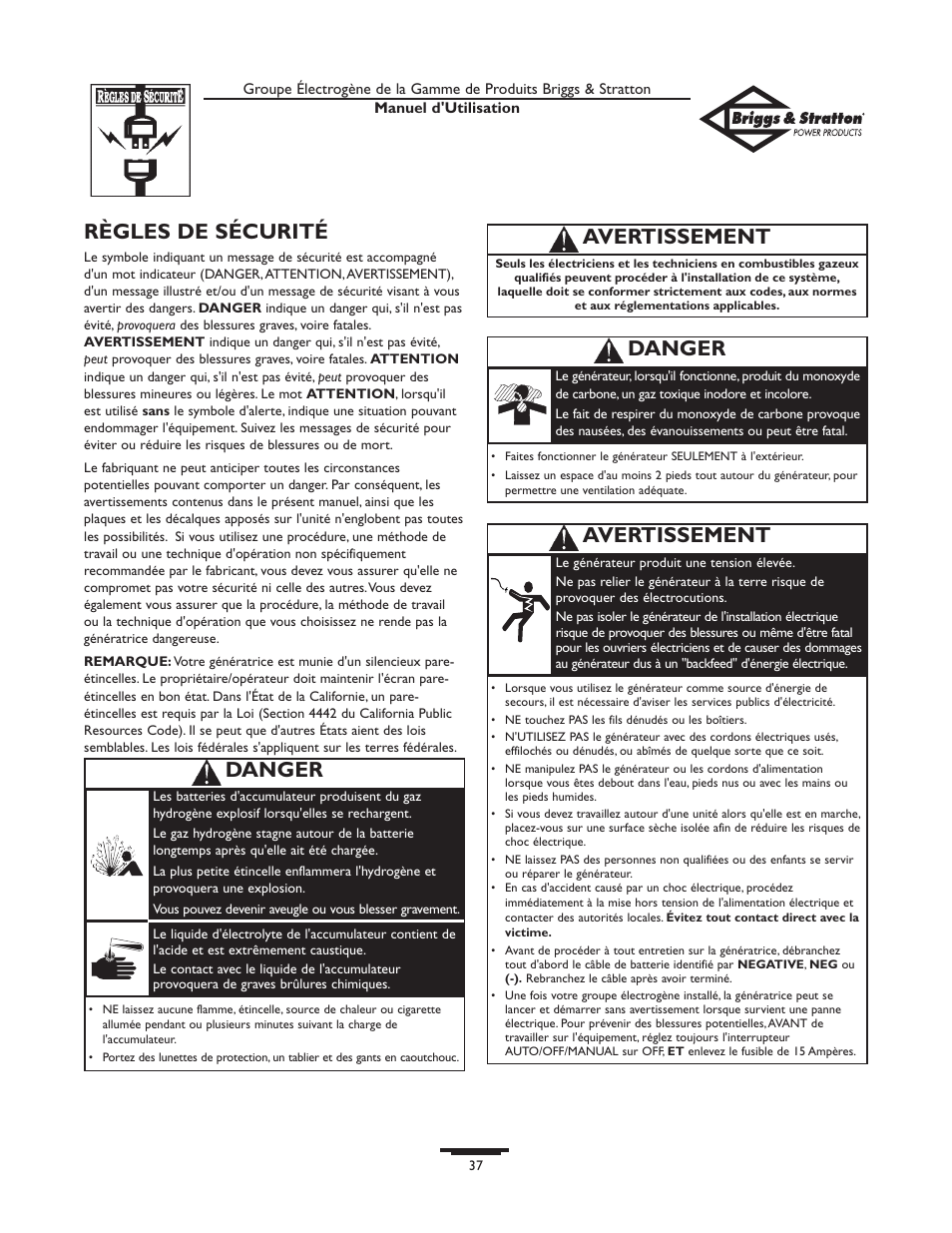 Règles de sécurité, Avertissement, Danger | Briggs & Stratton 10KW User Manual | Page 37 / 52