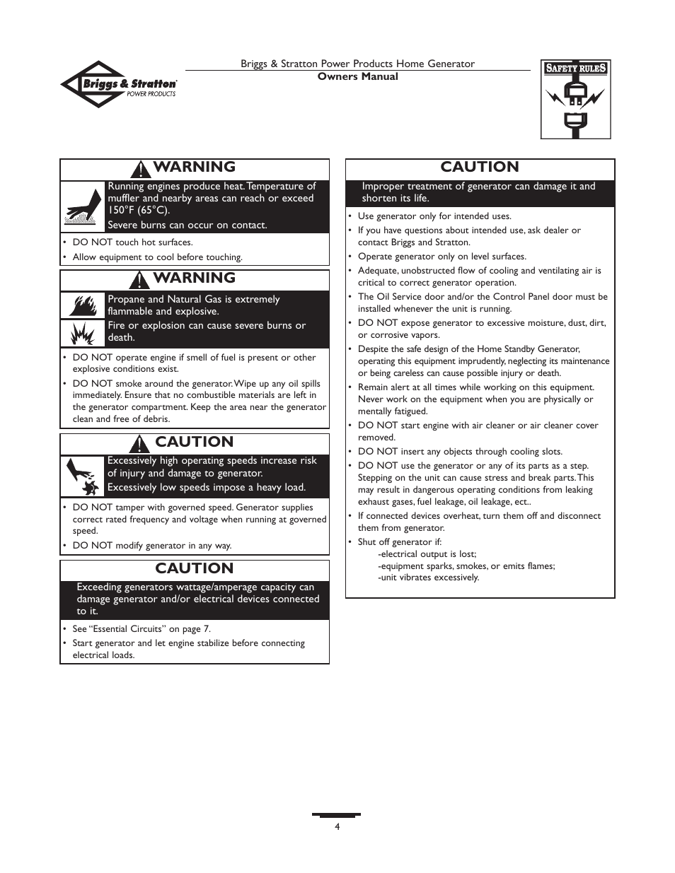 Caution, Warning | Briggs & Stratton 10KW User Manual | Page 4 / 52