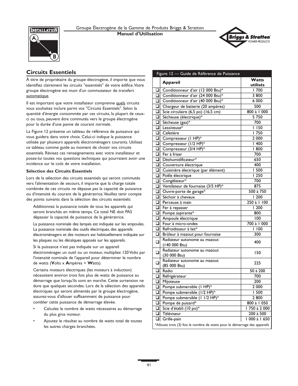 Circuits essentiels | Briggs & Stratton 10KW User Manual | Page 41 / 52