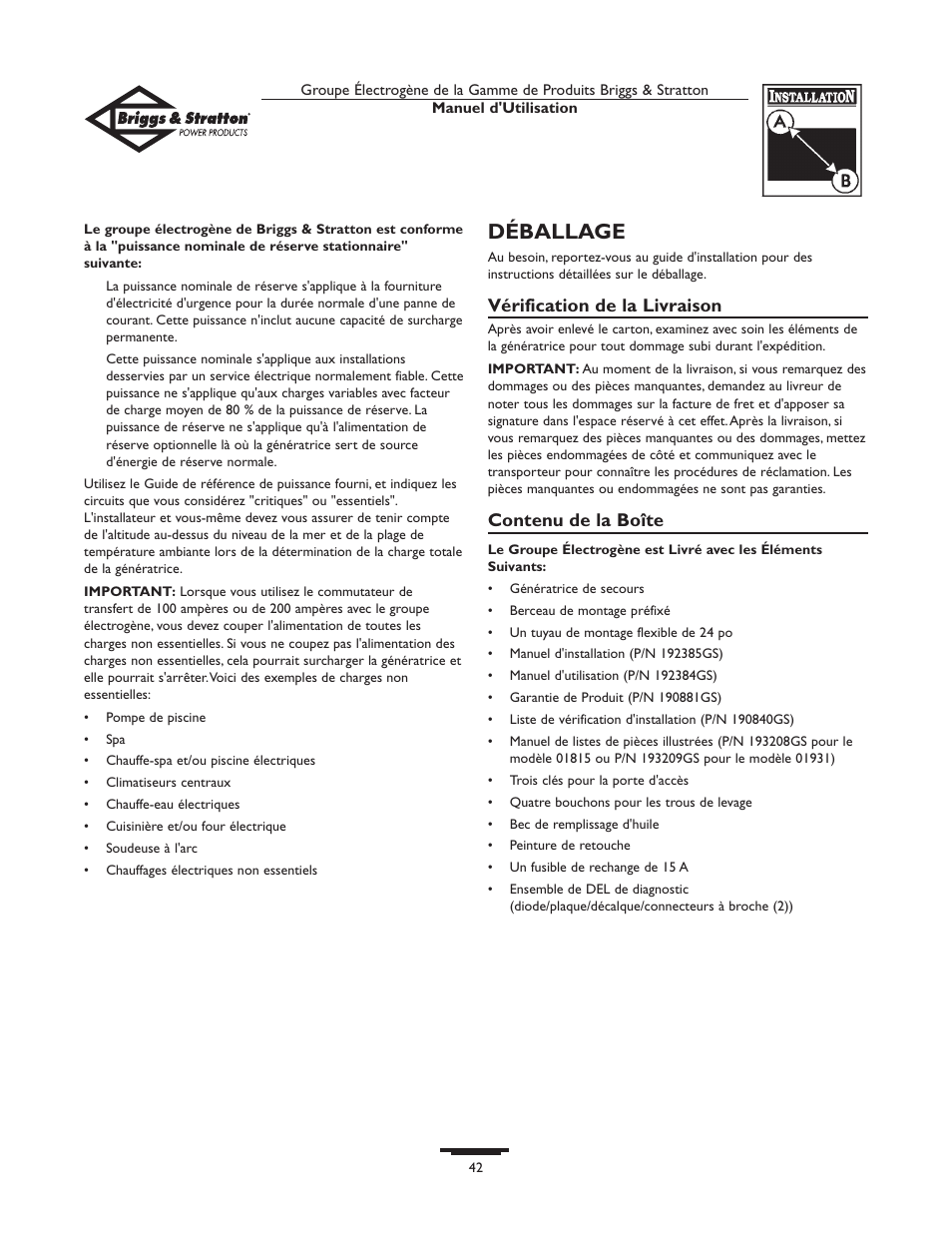 Déballage, Vérification de la livraison, Contenu de la boîte | Briggs & Stratton 10KW User Manual | Page 42 / 52