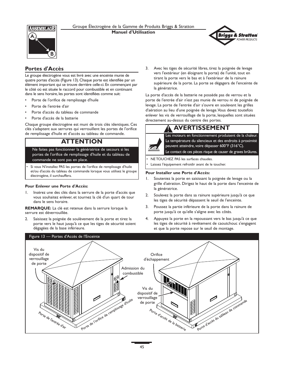 Attention, Avertissement, Portes d'accès | Briggs & Stratton 10KW User Manual | Page 45 / 52