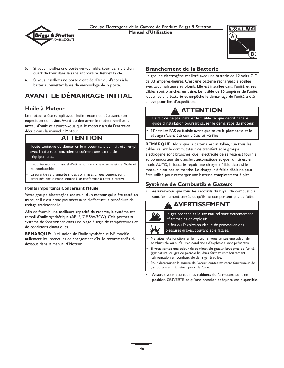 Avant le démarrage initial, Attention, Avertissement | Huile à moteur, Branchement de la batterie, Système de combustible gazeux | Briggs & Stratton 10KW User Manual | Page 46 / 52