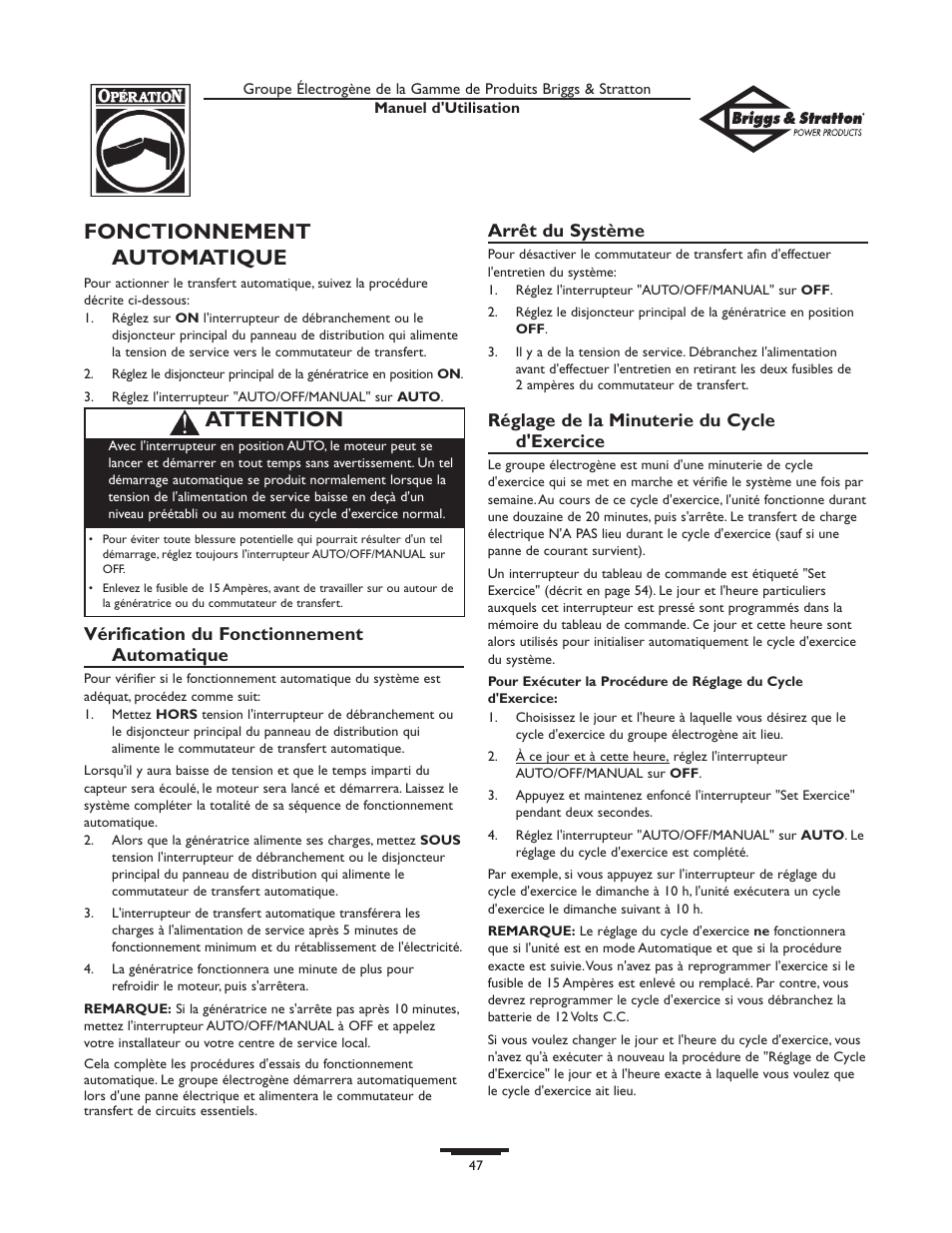 Fonctionnement automatique, Attention | Briggs & Stratton 10KW User Manual | Page 47 / 52