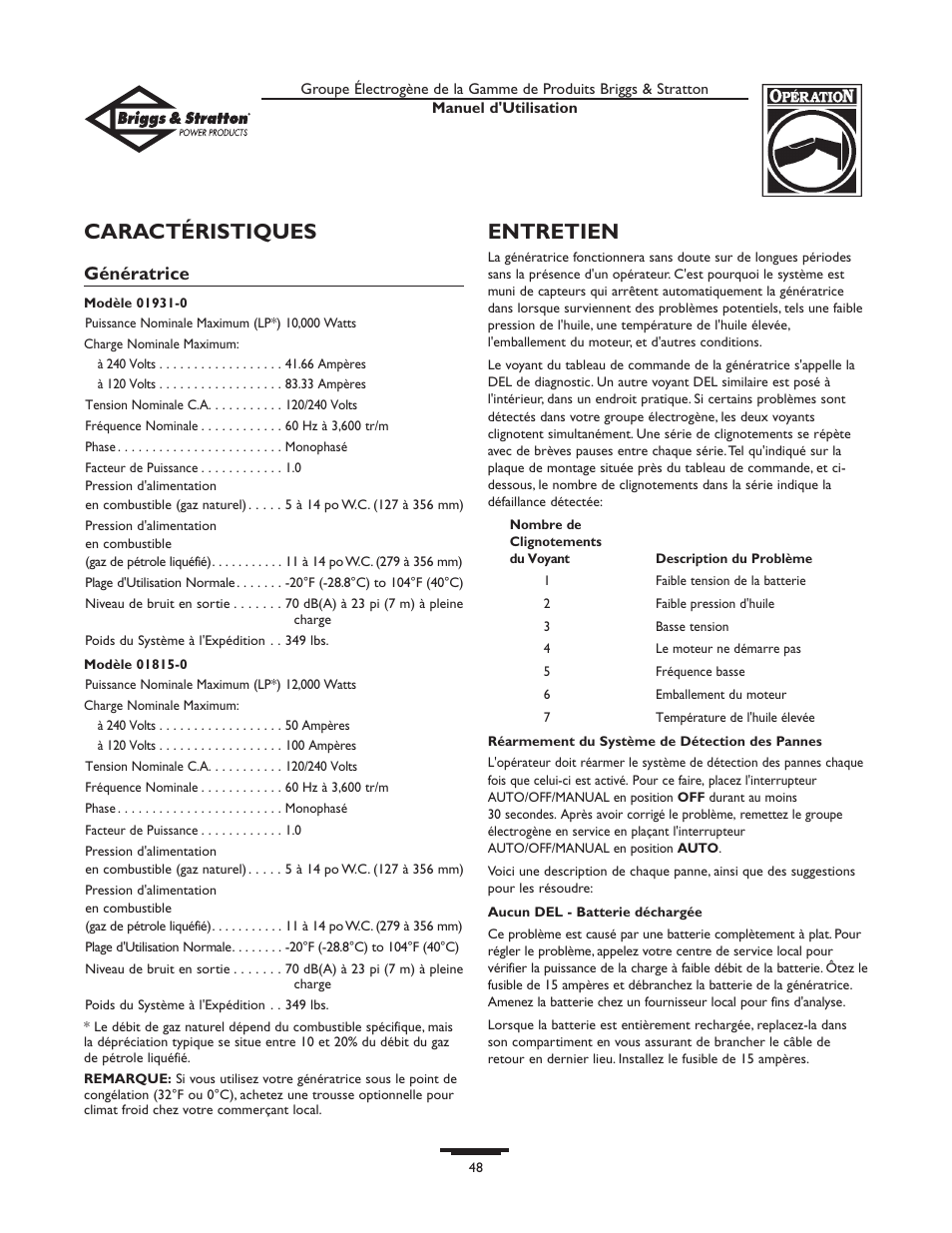 Caractéristiques, Entretien, Génératrice | Briggs & Stratton 10KW User Manual | Page 48 / 52