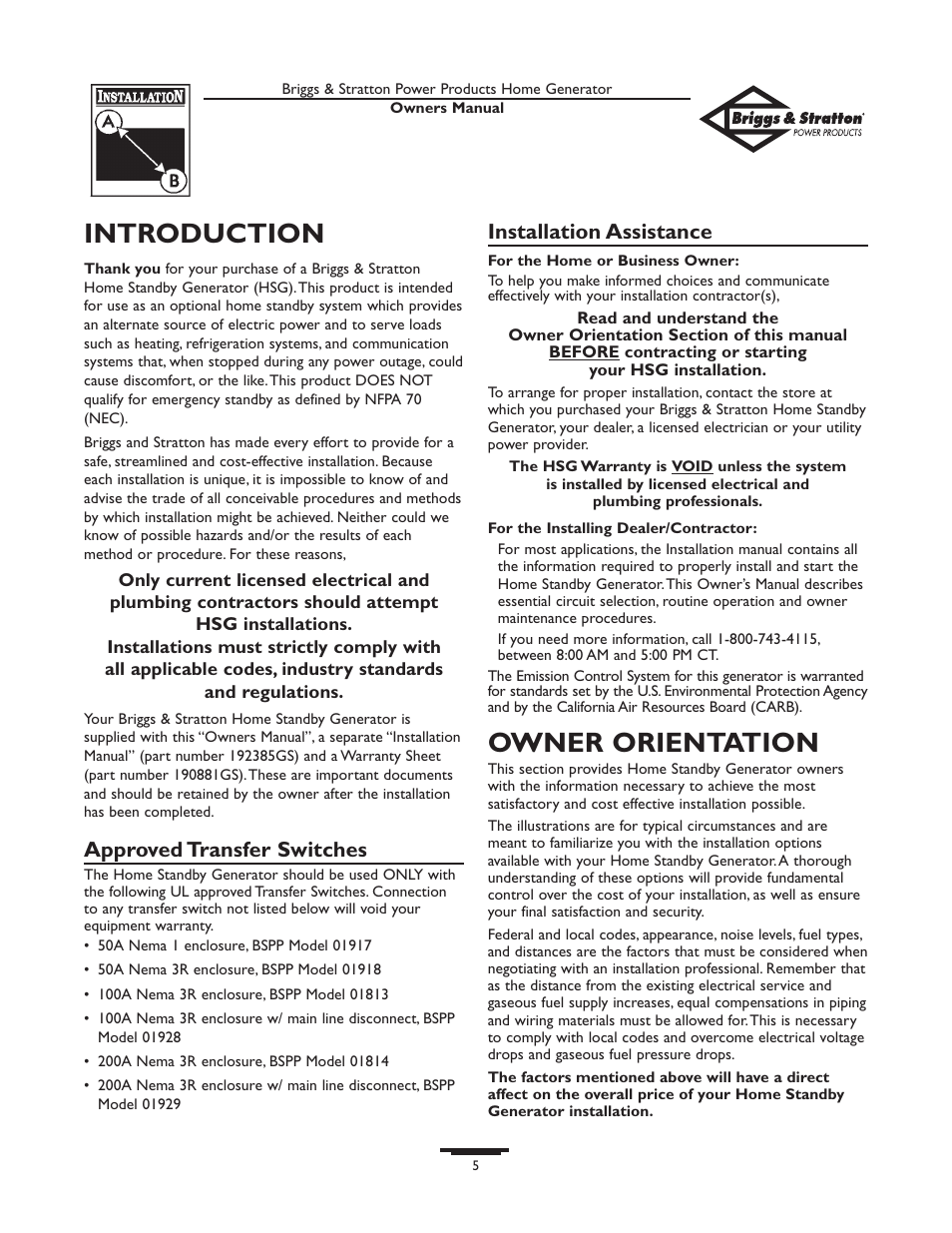 Power decrease at high altit, Introduction, Installation assistance | Owner orientation, Fuel factors, Approved transfer switches | Briggs & Stratton 10KW User Manual | Page 5 / 52