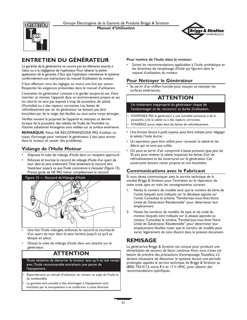 Entretien du générateur, Remisage, Attention | Briggs & Stratton 10KW User Manual | Page 51 / 52