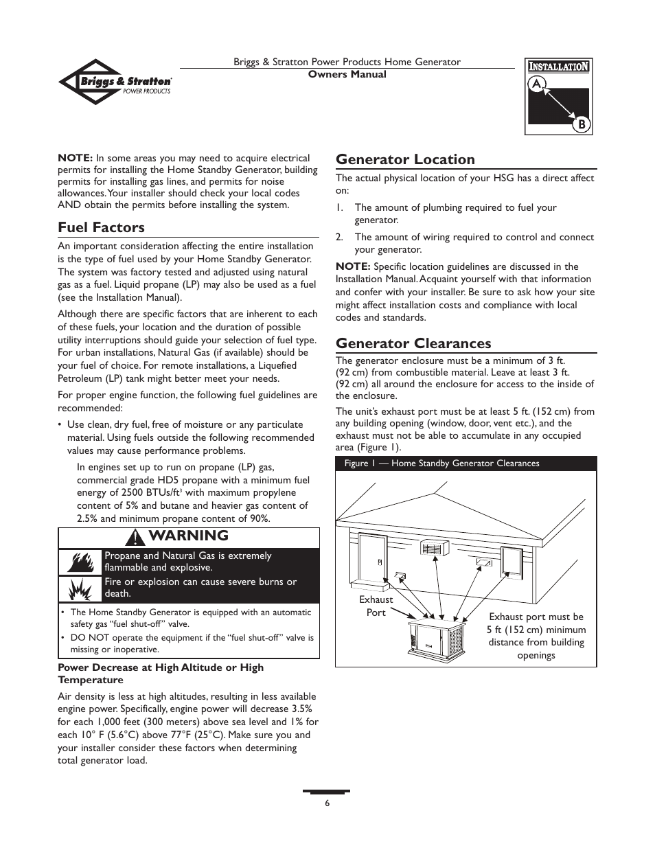 Fuel factors, Generator location, Generator clearances | Warning | Briggs & Stratton 10KW User Manual | Page 6 / 52