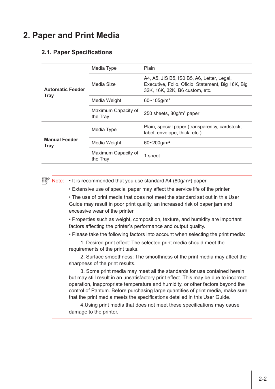 Paper and print media, Paper specifications, Paper and print media -2 | Paper specifications -2 | Pantum P3100DN User Manual | Page 14 / 72