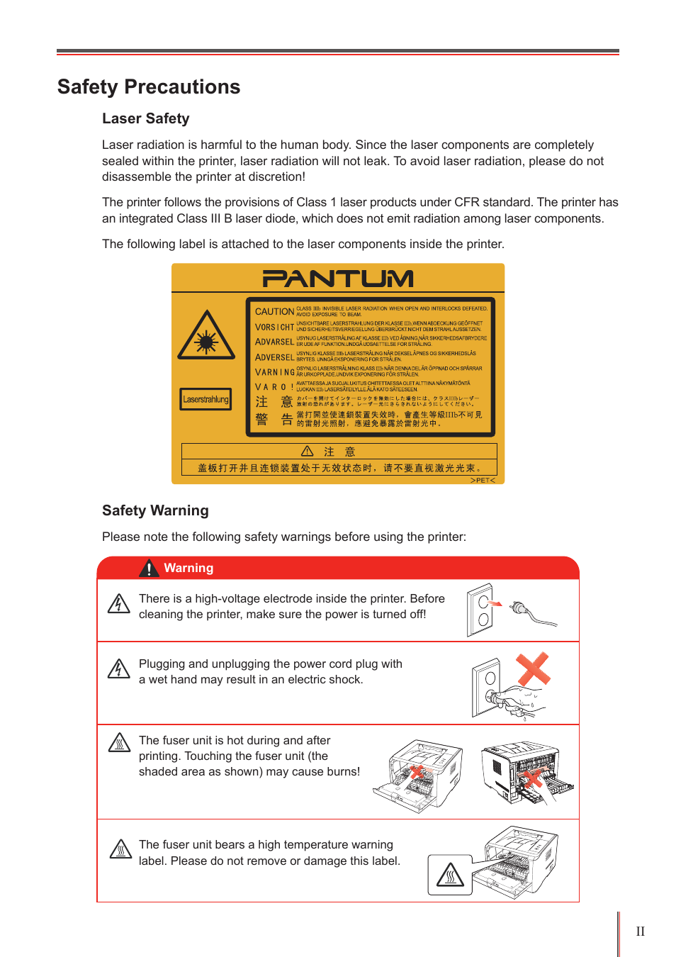 Safety precautions | Pantum P3100DN User Manual | Page 3 / 72