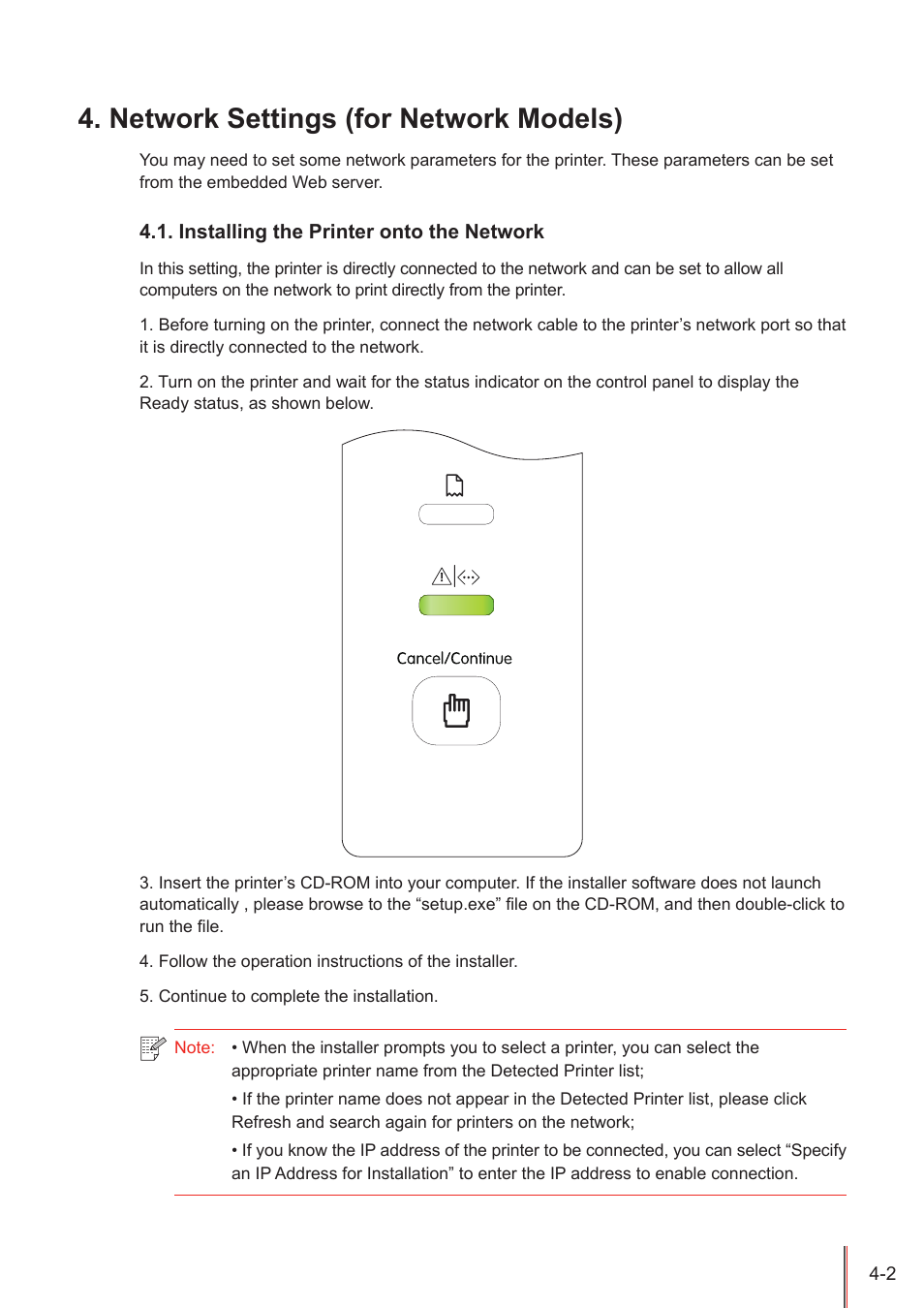 Network settings (for network models), Installing the printer onto the network, Network settings (for network models) -2 | Installing the printer onto the network -2 | Pantum P3100DN User Manual | Page 33 / 72